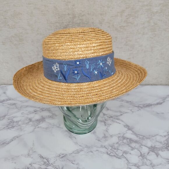 Vintage Straw Sun Hat with Blue Ribbon Bow Embroidered Flowers Cottagecore - Picture 2 of 8